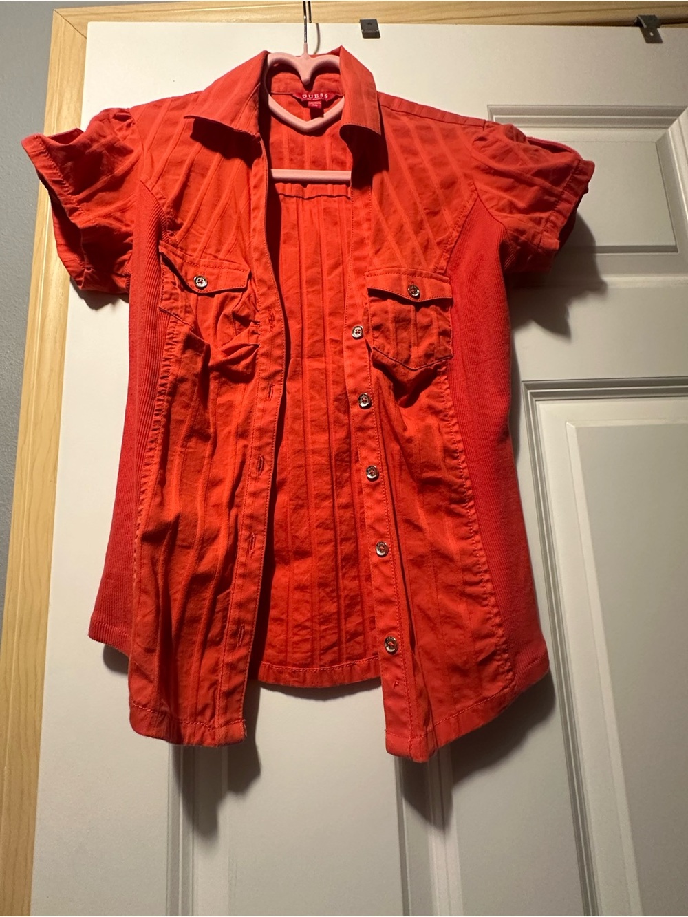Guess Short-Sleeve Button-Up Shirt in Bright Orange-Red